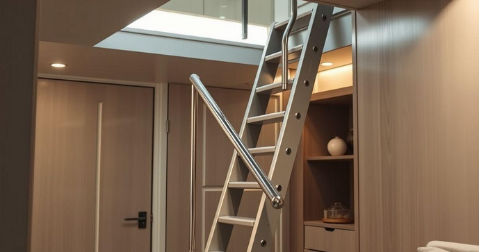 Escada tipo marinheiro com guarda corpo: seguran&ccedil;a e praticidade em ambientes compactos